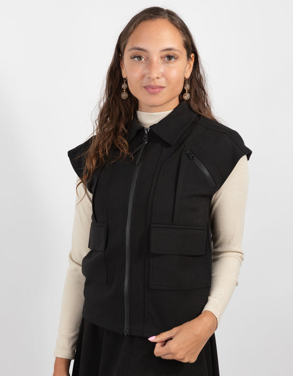 Black Utility Zip Vest With Pockets