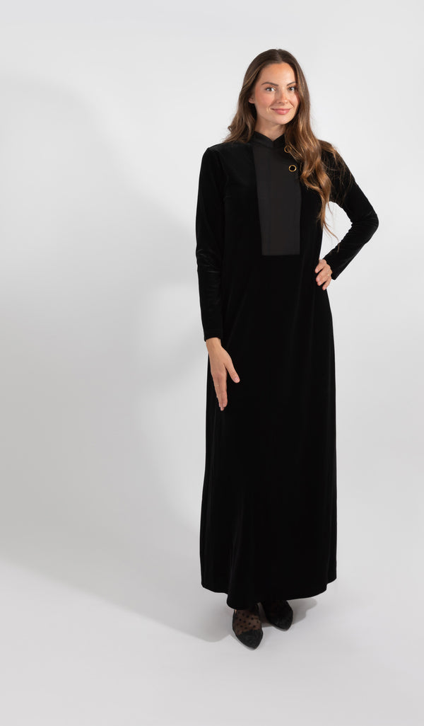 Black Velour Maxi Dress With Plain Detail
