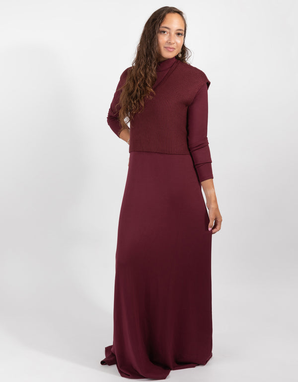 Burgundy Maxi Dress With Knit Vest