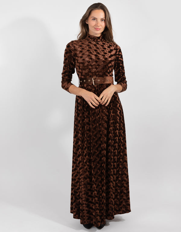 Brown Textured Velvet Maxi Dress