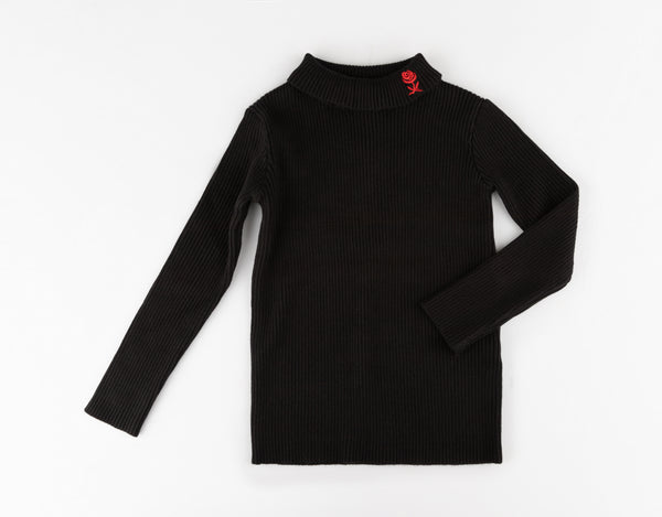 Black Rib Embroidered Turtle Neck