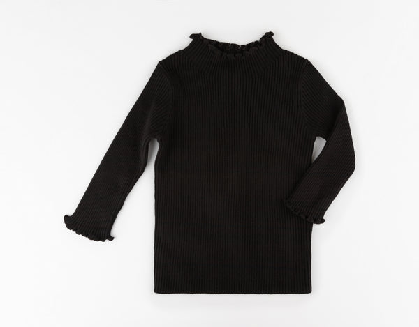 Black Ribbed Top With Ruffled Neckline And Cuffs