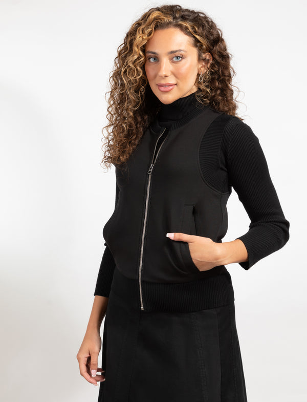 Zip-Front Black Vest With A Sleek Fit And Cozy Pockets