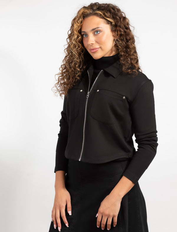 Zip-Front Black Long Sleeve Shirt Jacket With Chest Pockets And A Cropped Fit