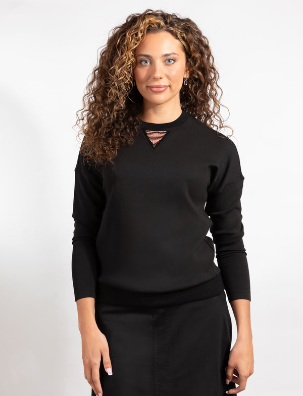 Black Long-Sleeve Top With Pink Neckline Detail For a Chic, Versatile Look