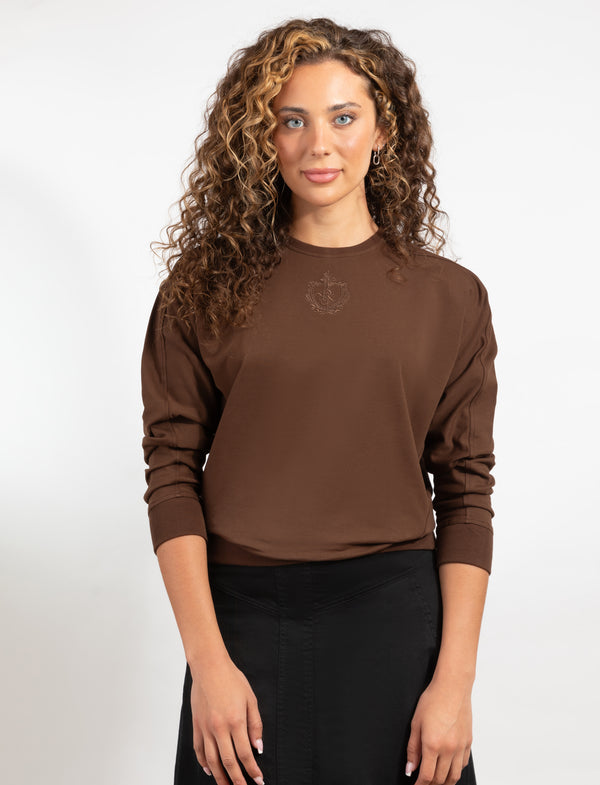 Med. Brown Long-Sleeve Top With Embroidered Logo