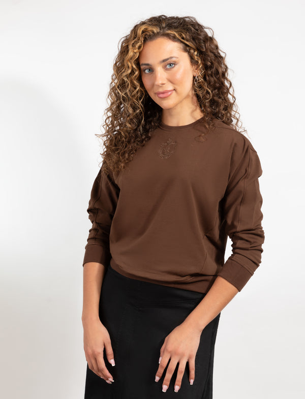 Med. Brown Long-Sleeve Top With Embroidered Logo