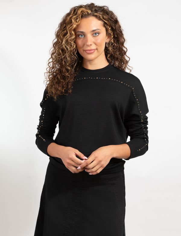 Black Long Sleeve Top With Subtle Studded Accents