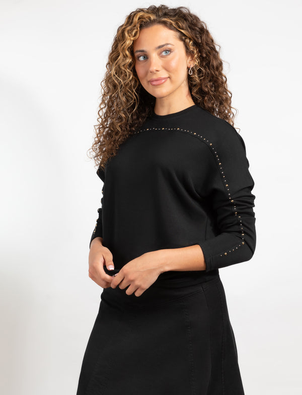 Black Long Sleeve Top With Subtle Studded Accents