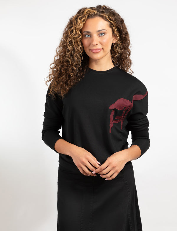 Black Long-Sleeve Top With Burgundy Design On The Left Side