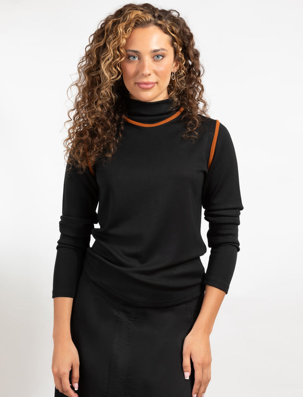Black Turtleneck Top With Chic Contrast Trim