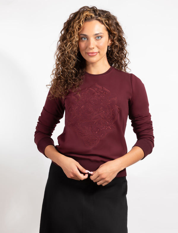 Burgundy Long-Sleeve Top With Floral Design