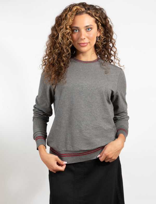 Dark Grey Long Sleeve Top With Stylish Contrast Trim