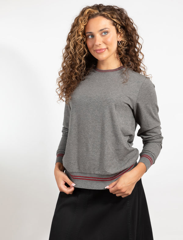 Dark Grey Long Sleeve Top With Stylish Contrast Trim