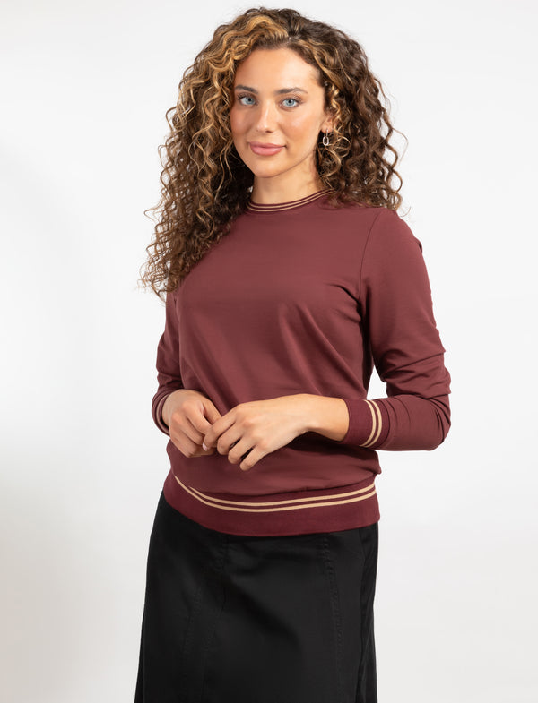 Burgundy Long Sleeve Top With Stylish Contrast Trim