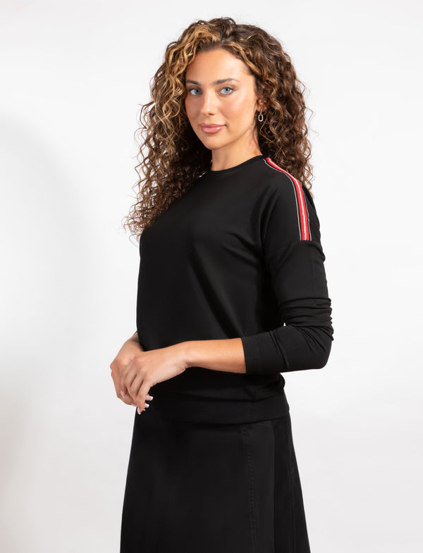 Black Long-Sleeve Top With Red And Silver Shoulder Stripes