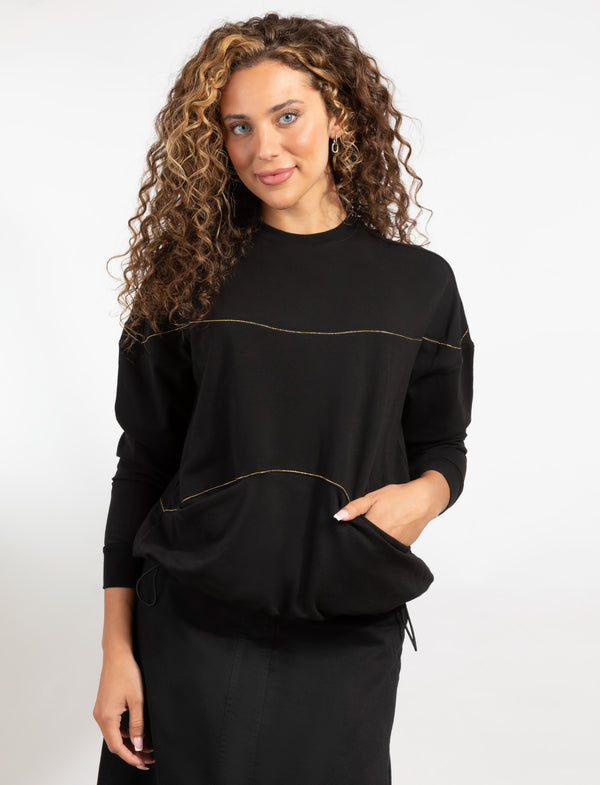 Black Long Sleeve Top With Contrast Stitch Detail And Front Pocket