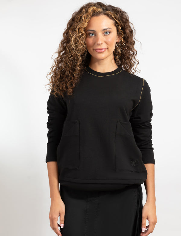 Black Long Sleeve Top With Contrast Stitch And Dual Front Pockets