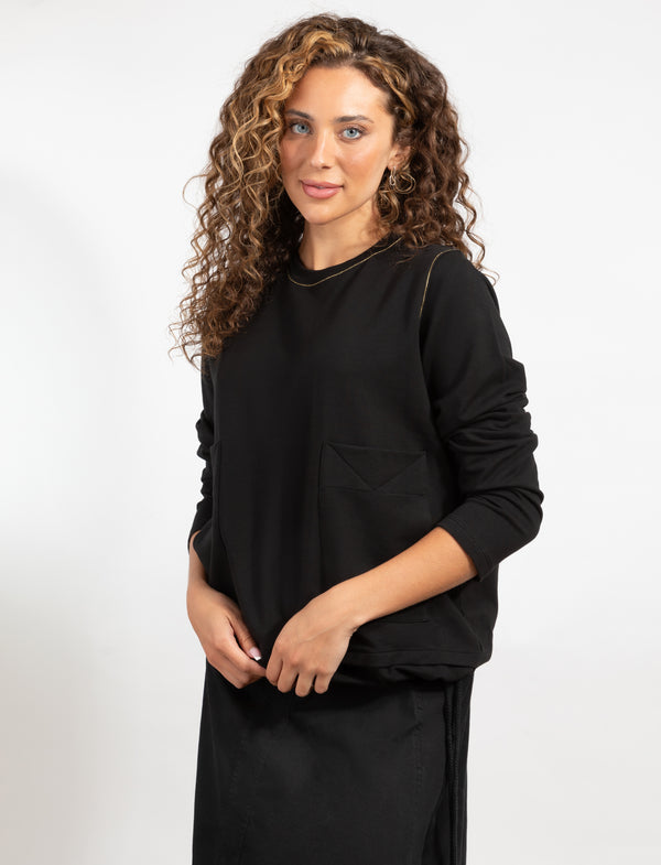 Black Long Sleeve Top With Contrast Stitch And Dual Front Pockets