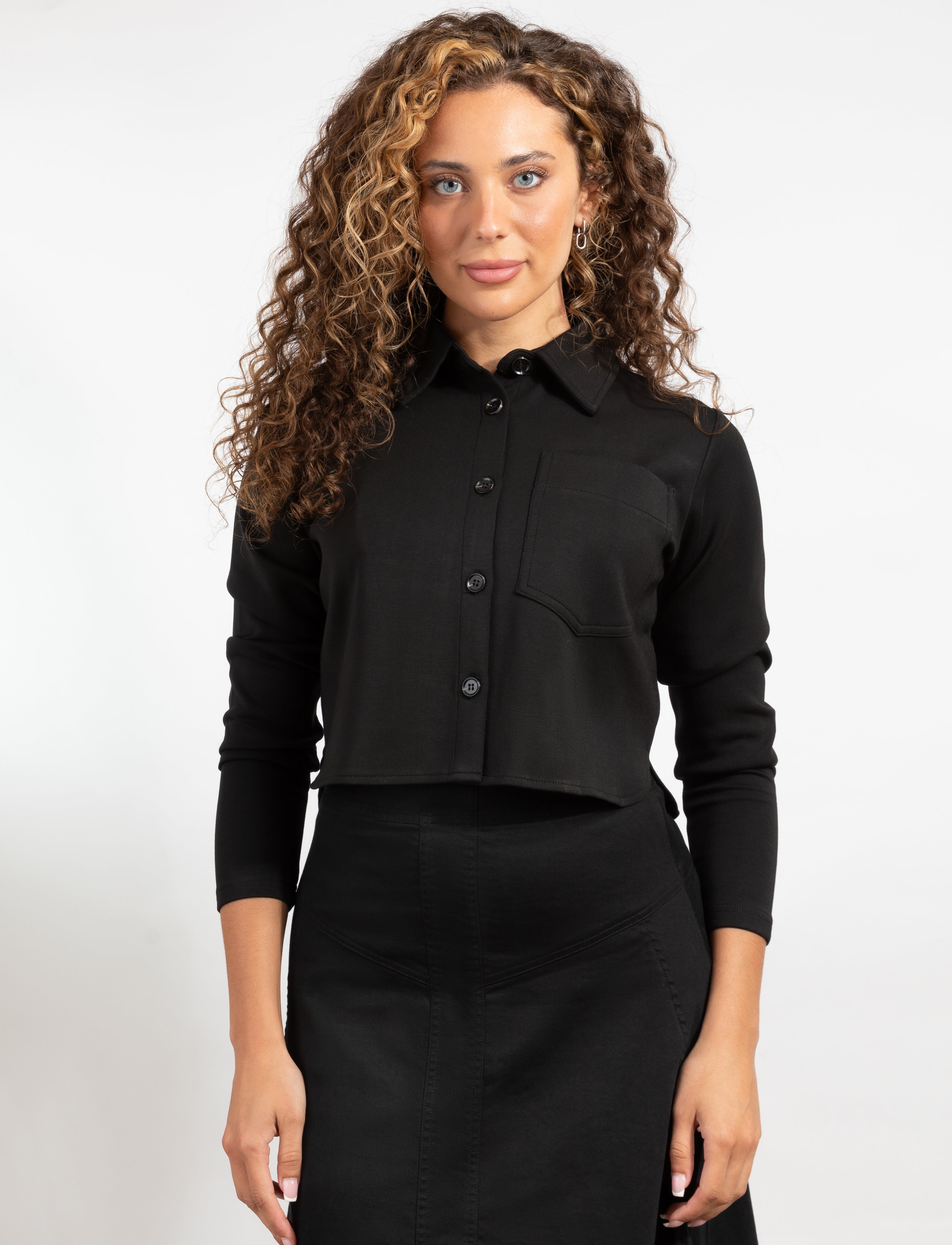 Button-Front Black Long Sleeve Shirt Jacket With Single Chest Pocket A The Lingerie Shop NY Button-Front Black Long Sleeve Shirt Jacket With Single Chest Pocket A The Lingerie Shop NY