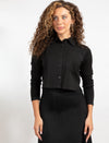 Button-Front Black Long Sleeve Shirt Jacket With Single Chest Pocket And Cropped Fit