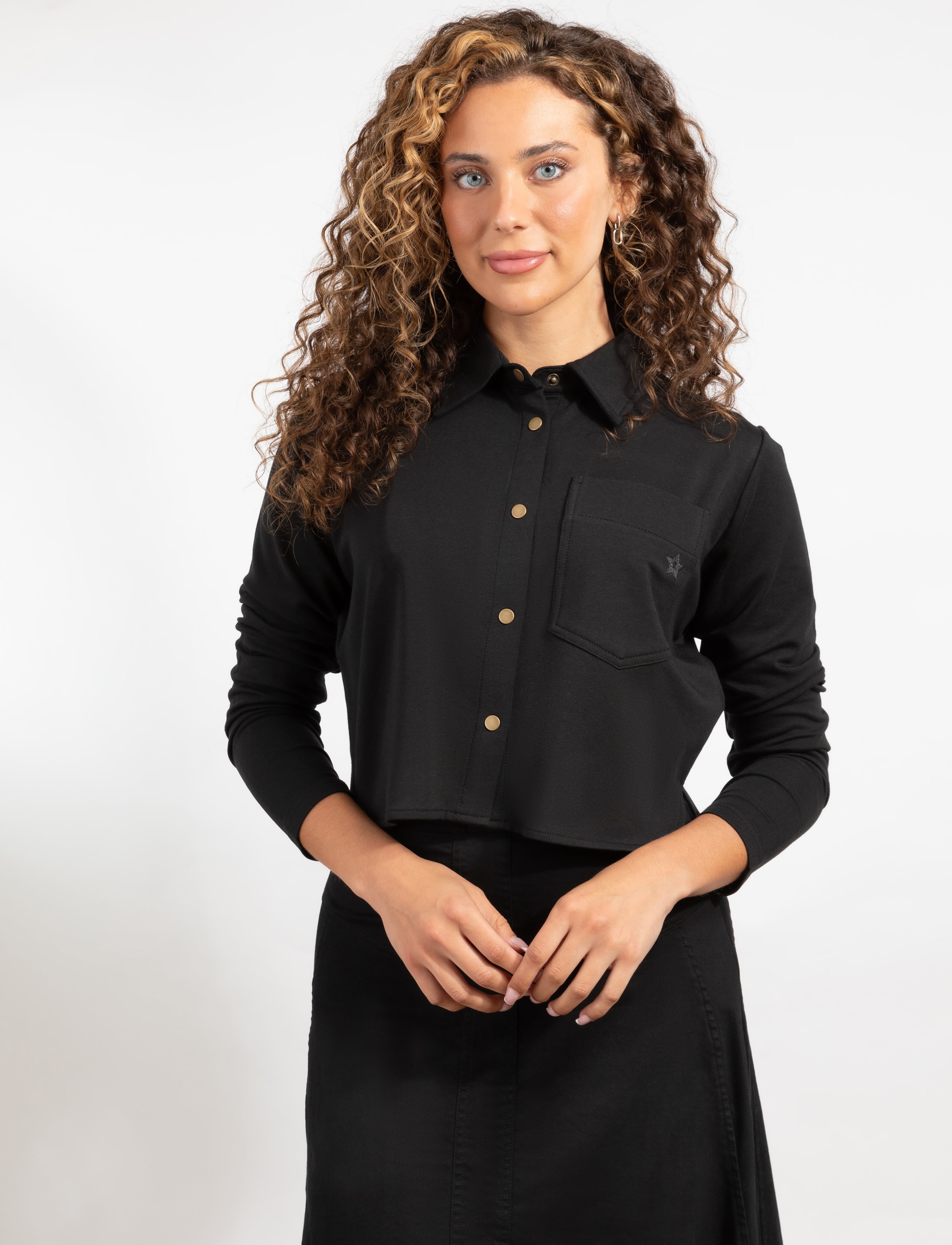 Button-Front Black Long Sleeve Shirt Jacket With Chest Pocket And Gold The Lingerie Shop NY Button-Front Black Long Sleeve Shirt Jacket With Chest Pocket And Gold The Lingerie Shop NY