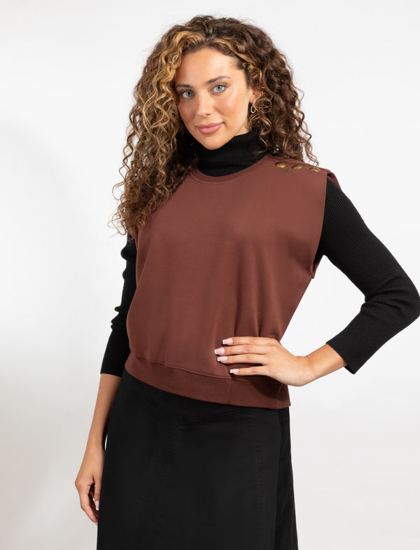 Choc. Brown Sleeveless Top With Chic Shoulder Button Detail
