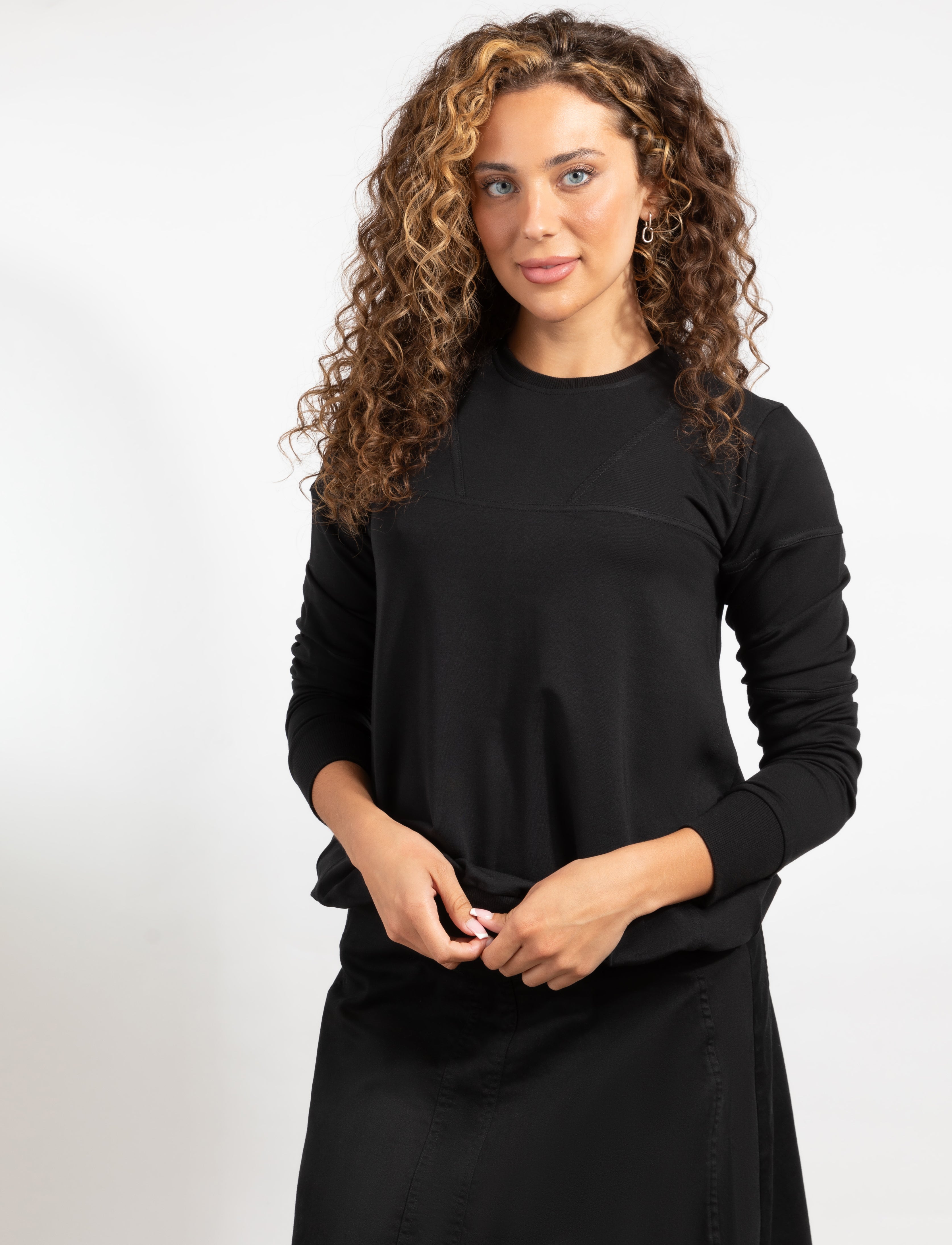 Black Long-Sleeve Top with Seam Details