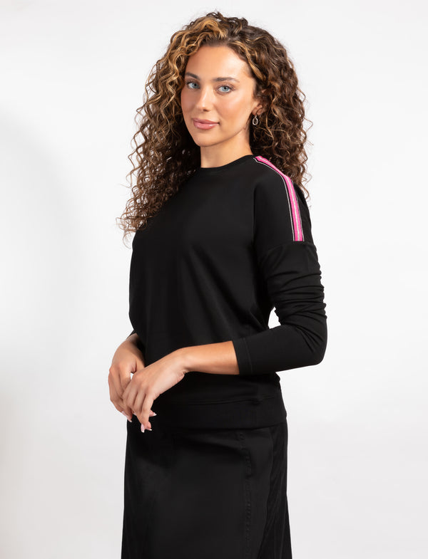 Black Long-Sleeve Top With Pink And Silver Shoulder Stripes