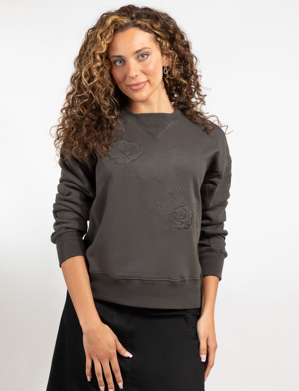 Dark Grey Long-Sleeve Top With Embroidered Floral Design