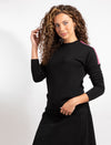 Black Long-Sleeve Top With Pink And Silver Shoulder Stripes
