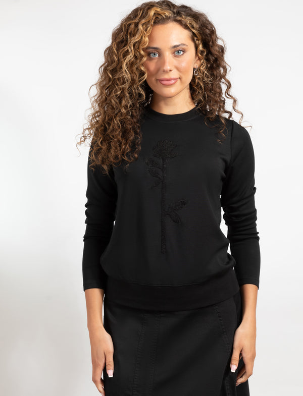 Black Long-Sleeve Top With Black Floral Design