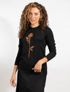Black Long-Sleeve Top With Brown Floral Design