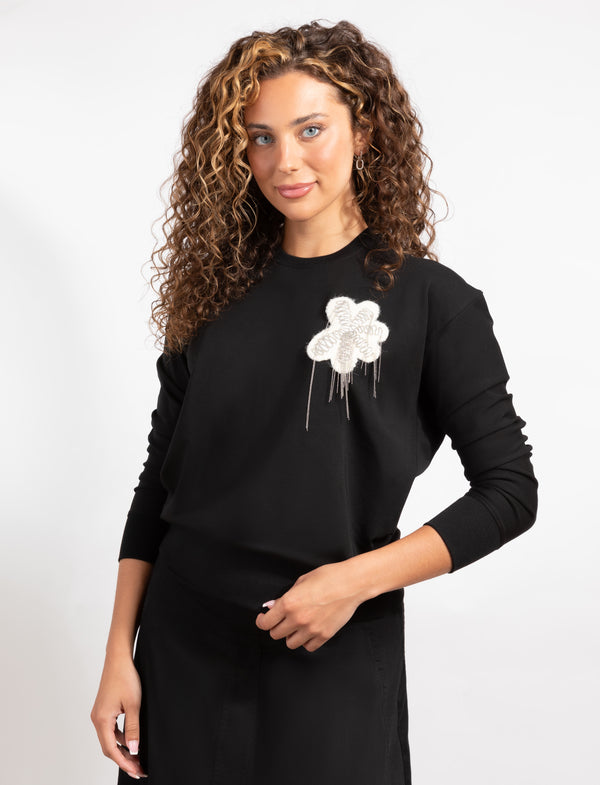 Black Long-Sleeve Top With White Floral Design