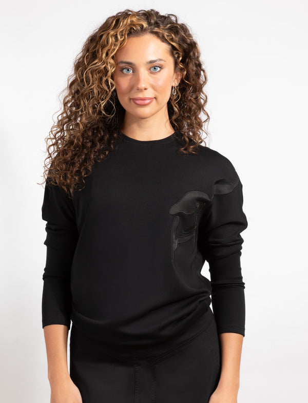 Black Long-Sleeve Top With Black Design On The Left Side