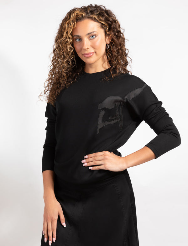Black Long-Sleeve Top With Black Design On The Left Side