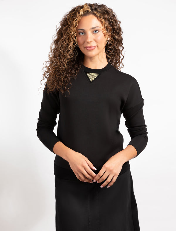 Black Long-Sleeve Top With Gold Neckline Detail For a Chic, Versatile Look