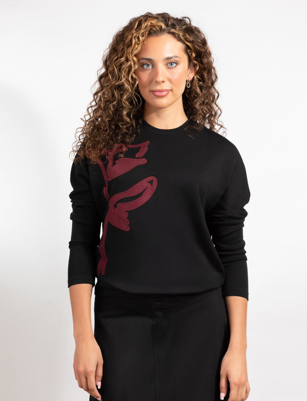 Black Long-Sleeve Top With Burgundy Design
