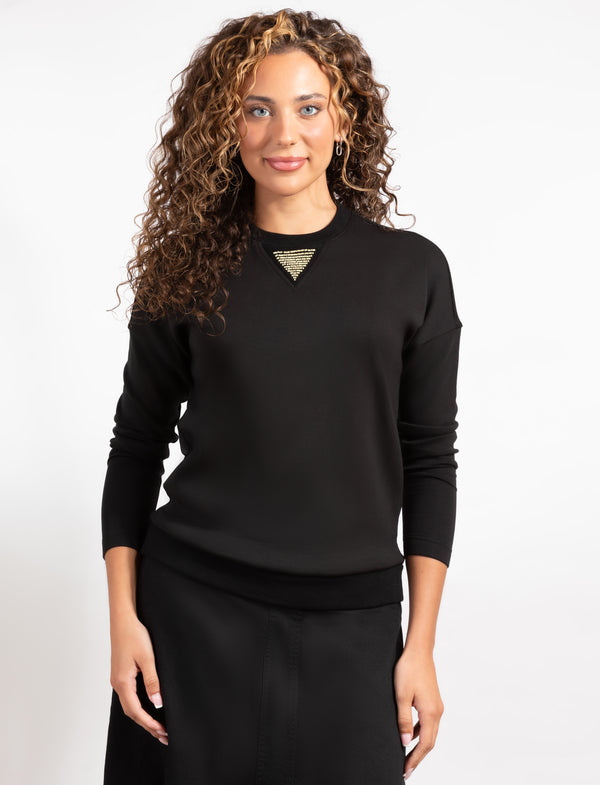 Black Long-Sleeve Top With Gold Neckline Detail For a Chic, Versatile Look