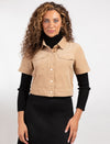 Button-Front Beige Short Sleeve Shirt Jacket With Chest Pockets And A Cropped Fit