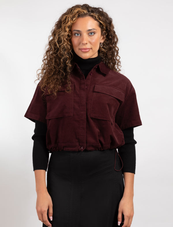 Burgundy Short-Sleeve Button-Up With Front Pockets And Drawstring Hem