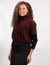 Burgundy Short-Sleeve Button-Up With Front Pockets And Drawstring Hem