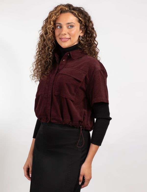 Burgundy Short-Sleeve Button-Up With Front Pockets And Drawstring Hem