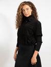 Button-Front Black Short Sleeve Shirt Jacket With Large Chest Pockets And A Cropped Hem