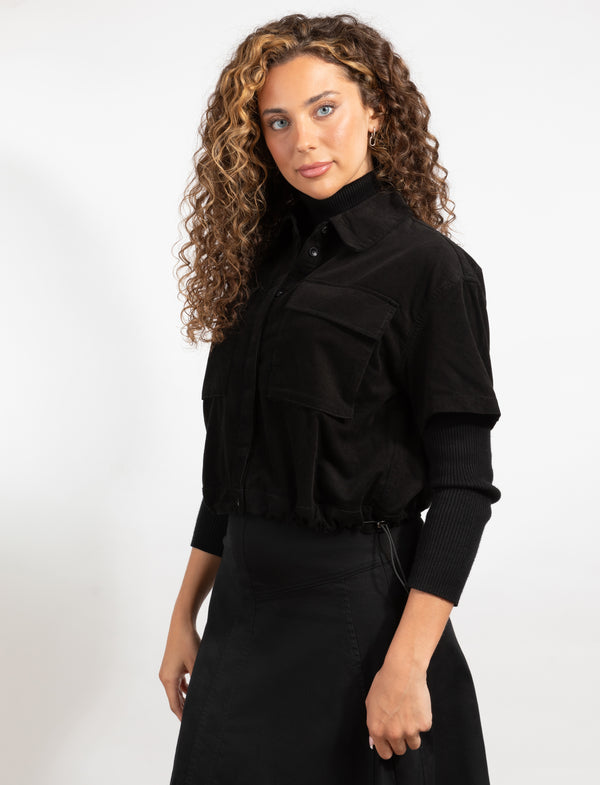 Button-Front Black Short Sleeve Shirt Jacket With Large Chest Pockets And A Cropped Hem