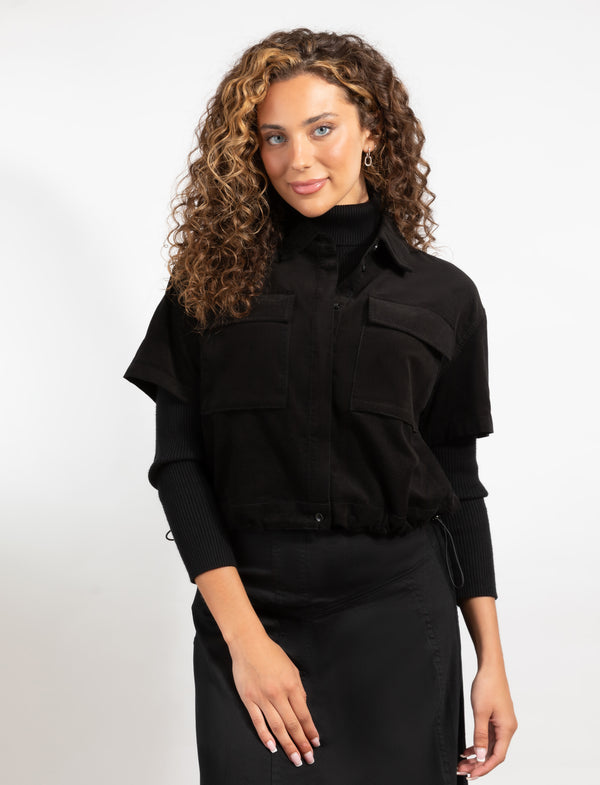 Button-Front Black Short Sleeve Shirt Jacket With Large Chest Pockets And A Cropped Hem
