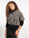 Button-Front Olive Short Sleeve Shirt Jacket With Large Chest Pockets And A Cropped Hem