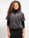 Button-Front Dark Grey Short Sleeve Shirt Jacket With Chest Pockets And A Relaxed Cropped Fit