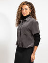 Button-Front Dark Grey Short Sleeve Shirt Jacket With Chest Pockets And A Relaxed Cropped Fit