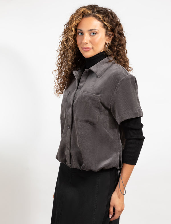 Button-Front Dark Grey Short Sleeve Shirt Jacket With Chest Pockets And A Relaxed Cropped Fit